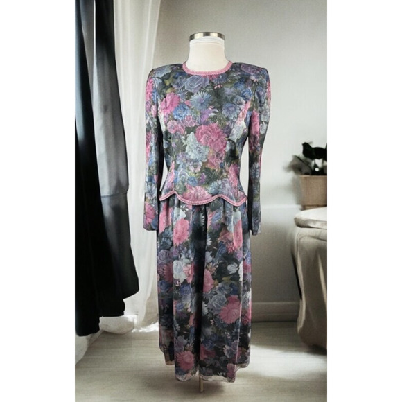 Unbranded Dresses & Skirts - Vintage Unbranded Floral Peplum Dress Secretary Romantic Prairie Layered Size 16